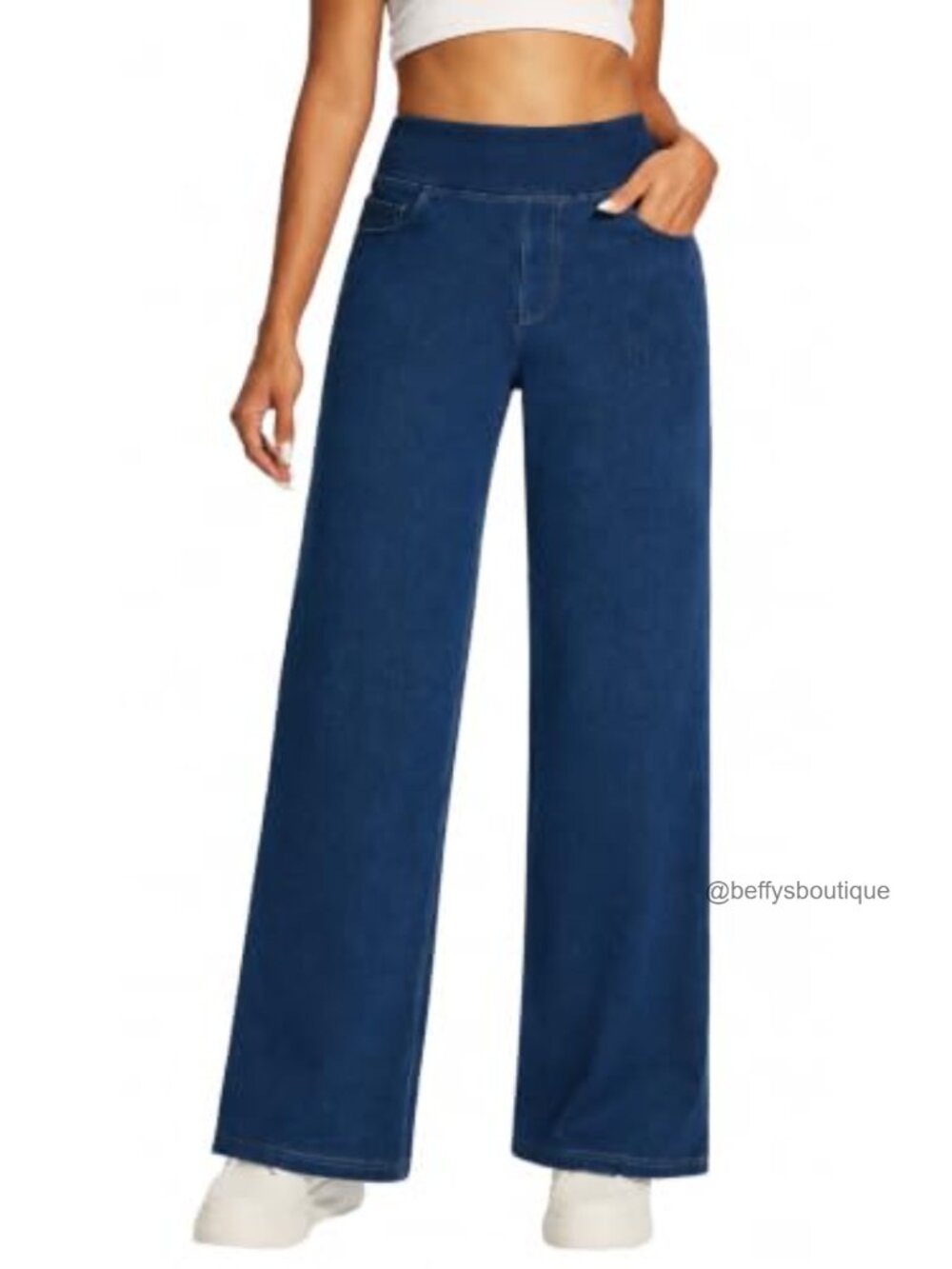 Soft Stretch Denim Wide Leg Pull On Jeans High Rise 5 Pockets